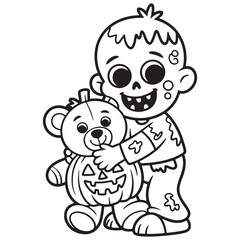 Two Zombie Kids with Pumpkin Candy Buckets – Funny Halloween Cartoon Line Art for Children