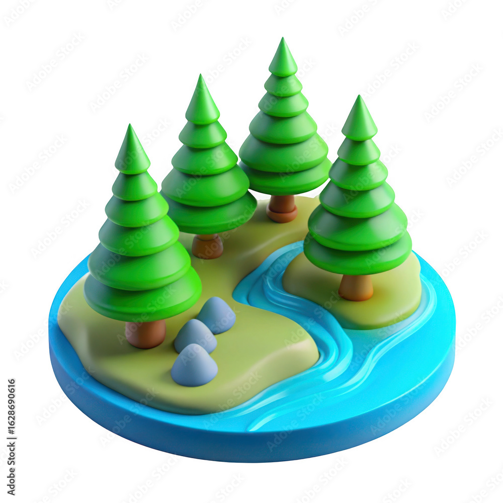 Poster 3d miniature island with trees and river isolated on transparent background