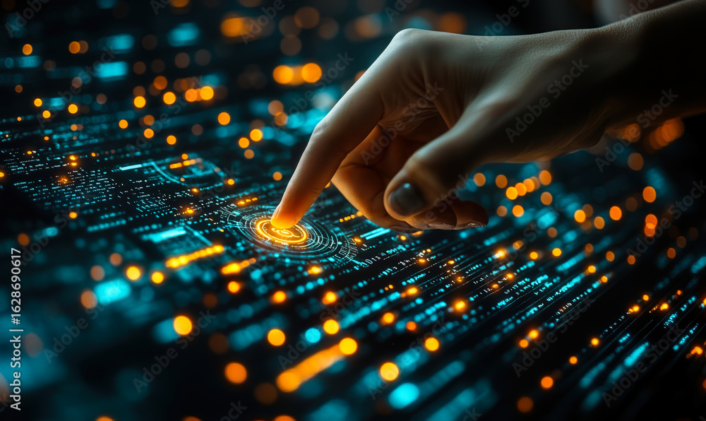 Poster hand interacting with futuristic digital interface for cybersecurity and data protection in technolo