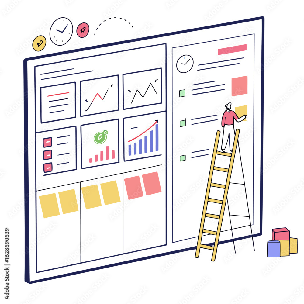 Poster person on ladder adding sticky note to large chart with graphs and clocks in a planning illustration