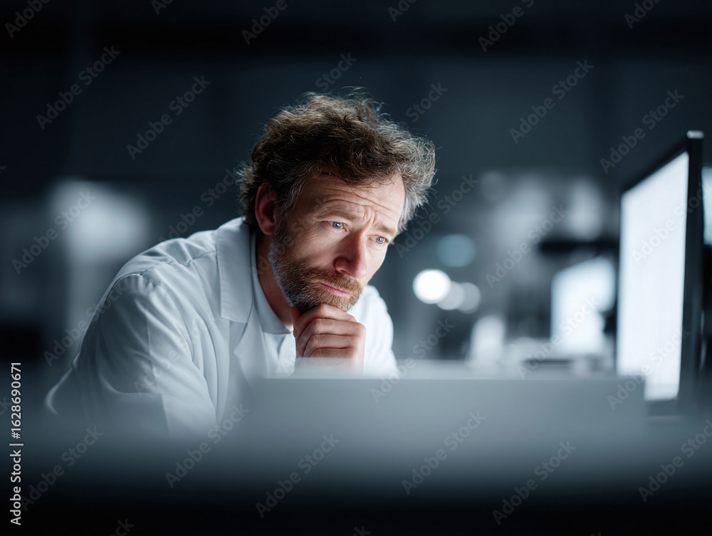 Poster intense image of a pensive professional in a lab coat gazing at a computer screen in a dark environm