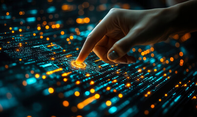 Hand interacting with futuristic digital interface for cybersecurity and data protection in technology and finance sector