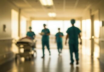 Medical team in scrubs escorting a patient on a gurney down a brightly lit hospital corridor