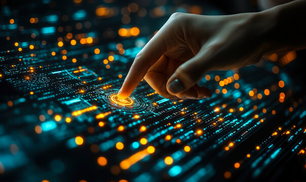 Hand interacting with futuristic digital interface for cybersecurity and data protection in technology and finance sector - Powered by Adobe
