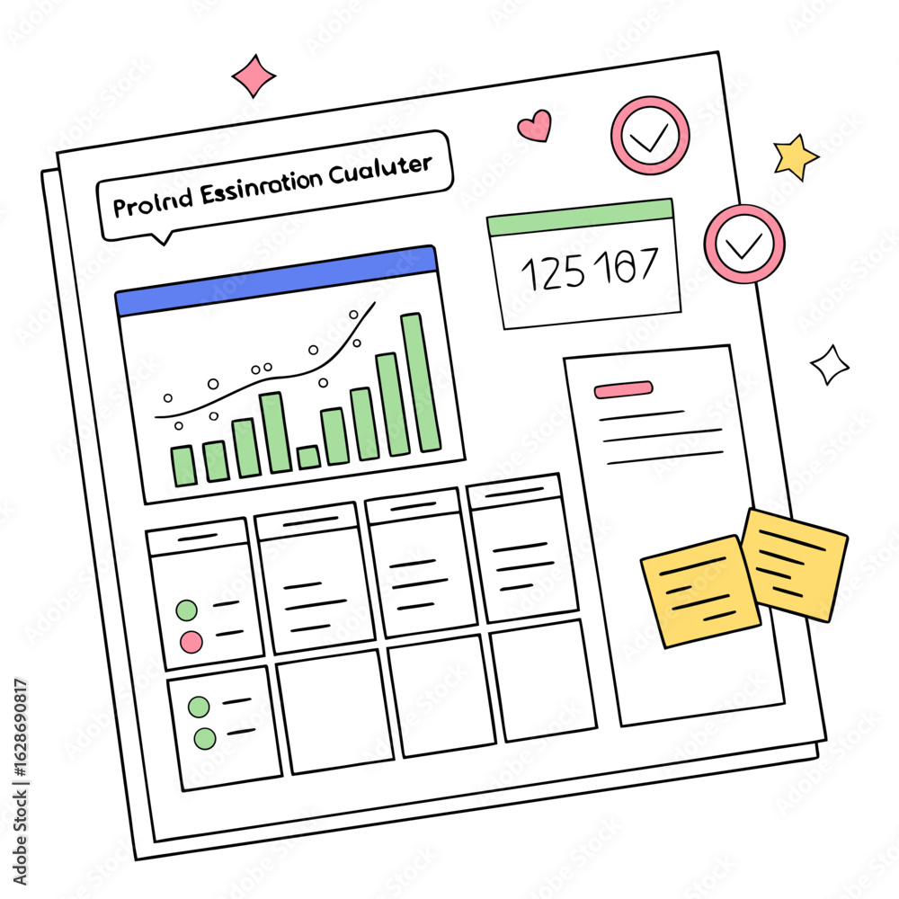 Poster illustration of a business report with charts data tables sticky notes and check marks on a white ba