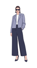Stylish woman in a chic outfit with a purple blazer and wide-leg trousers. Modern business casual fashion illustration