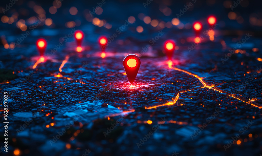 Poster 3d digital map with glowing red location markers highlighting popular venues and dynamic routes in u