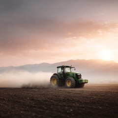 Obraz premium Dramatic image of a tractor tilling a field at sunset with mountains in the background. Evokes themes of agriculture, hard work, rural life, and food production.