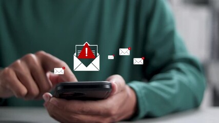 Phishing email alert concept, scam messages, cyber threats, and digital communication security risks. Person using smartphone with email spam notification on virtual screen.  - Powered by Adobe