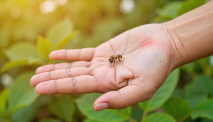 Obraz premium Hand with bee on palm in natural setting, focus on nature's beauty