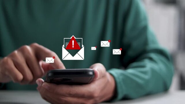 Phishing email alert concept, scam messages, cyber threats, and digital communication security risks. Person using smartphone with email spam notification on virtual screen. 