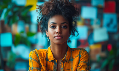 Confident young woman in yellow plaid shirt looking at camera with blurred creative office background featuring sticky notes and plants