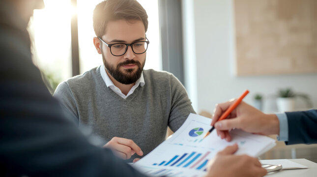 Group colleagues are sitting at the meeting room and discussing charts and statistics.