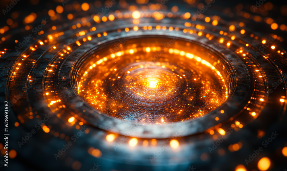 Poster close-up view of glowing circular quantum chip with golden light points and futuristic technology de