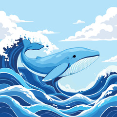 Vsai blue whale breaching from ocean waves with clouds