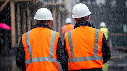 Construction workers in safety gear brave heavy rain on site. Visible are hard hats and high-visibility vests. Umbrellas can be seen in the background