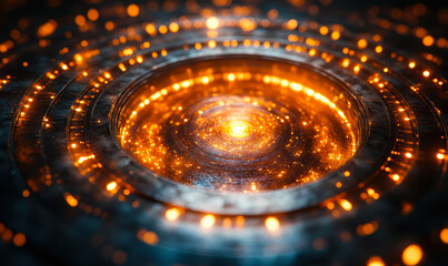 Close-up view of glowing circular quantum chip with golden light points and futuristic technology design