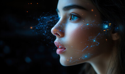 Profile of woman with blue digital neural network overlay and futuristic technology visualization on face