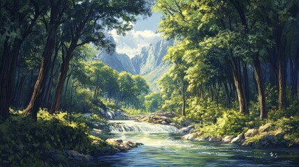 Obraz premium A tranquil mountain stream flowing through a lush forest.