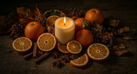 Naklejka premium Warm Autumnal Still Life with Candlelight Fresh Oranges Cinnamon & Star Anise on Rustic Wood