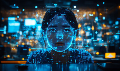 Futuristic human face hologram with digital data overlay symbolizing AI artificial intelligence and technology interaction in digital environment with blurred lights background