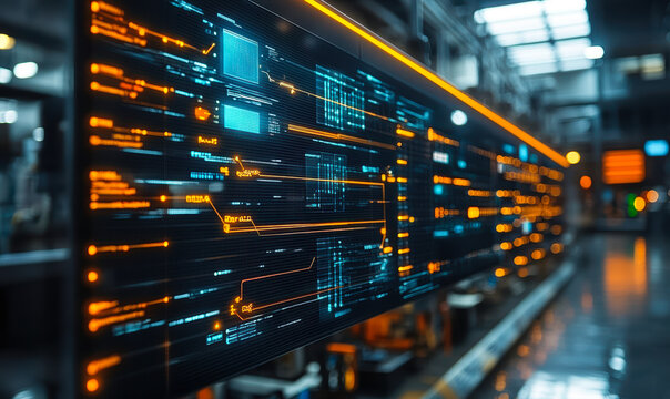 Futuristic digital interface with glowing orange and blue data streams in modern high-tech industrial environment for automation and technology concept
