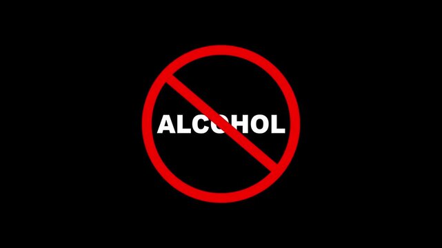 alcohol sign warning symbol animation. alcohol sign. alcohol not allowed logo animation. Animated Under alcohol forbidden ban icon on black background. Over alcohol only censored.