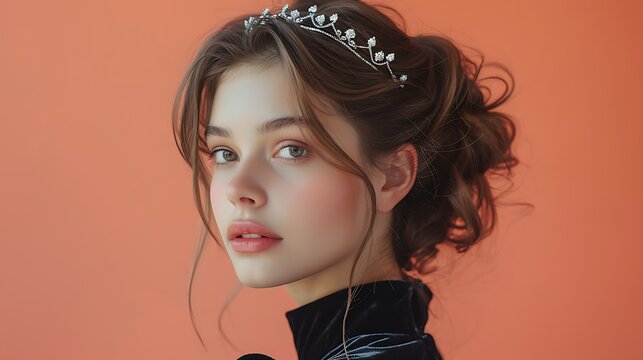 Young Caucasian woman beauty portrait, Pearl hair accessory, Romantic updo hairstyle, Peach studio background, Elegant fashion close up