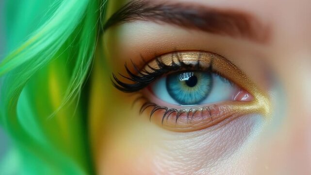 Close-up shot of an individual's eye with vibrant green hair, great for representing uniqueness or boldness in designs