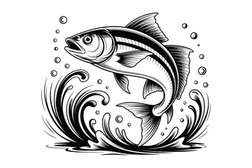 Jumping Fish Emerging From Water With Bubbles And Waves In Black And White Keywords: fish, jumping, leaping, water