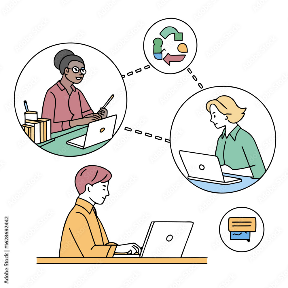 Aufkleber diverse team collaborating remotely on laptops connected by dotted lines and icons representing comm