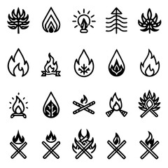 Assortment of Black Fire and Campfire Icons on White Background flame bonfire