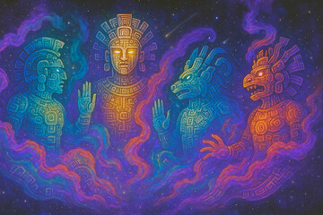 Deidades cósmicas emergiendo de códices estelares en nebulosas ancestrales