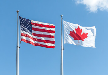 Flags of nations wave against blue sky, symbolizing international relations, diplomatic ties, and national identity on wind-swept day.