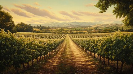 Fototapeta premium Vineyard rows stretch across a scenic landscape at golden hour.