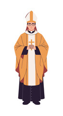 A solemn Christian bishop in traditional vestments. A religious clergy figure holding a cross, isolated on a white background.