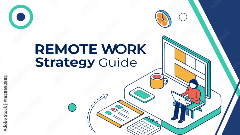Poster remote work strategy guide illustration featuring a person working on a laptop with a computer scree