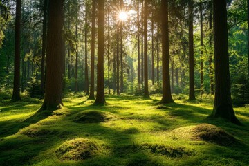 Fototapeta premium Ein Fichtenwald, der unberührt und naturnah ist, wird vom warmen Licht der Morgensonne erleuchtet