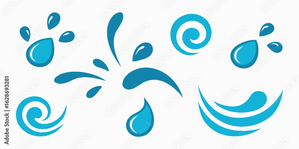Poster vector art of abstract water splashes and droplets in various forms, symbolizing refreshment and dyn