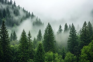 A misty forest view can be seen from Larch Mount, surrounded by fog in Oregon, USA, within the Pacific Northwest