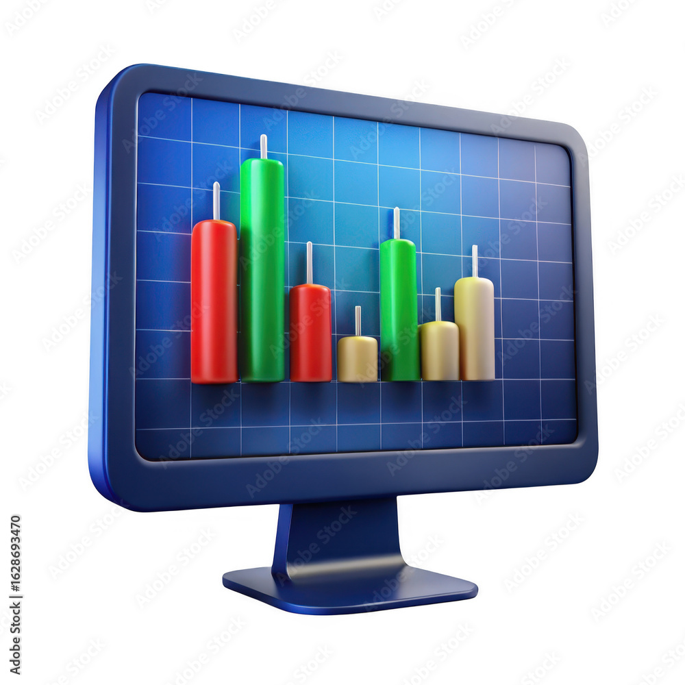 Poster computer monitor displaying candlestick stock market chart isolated on transparent background