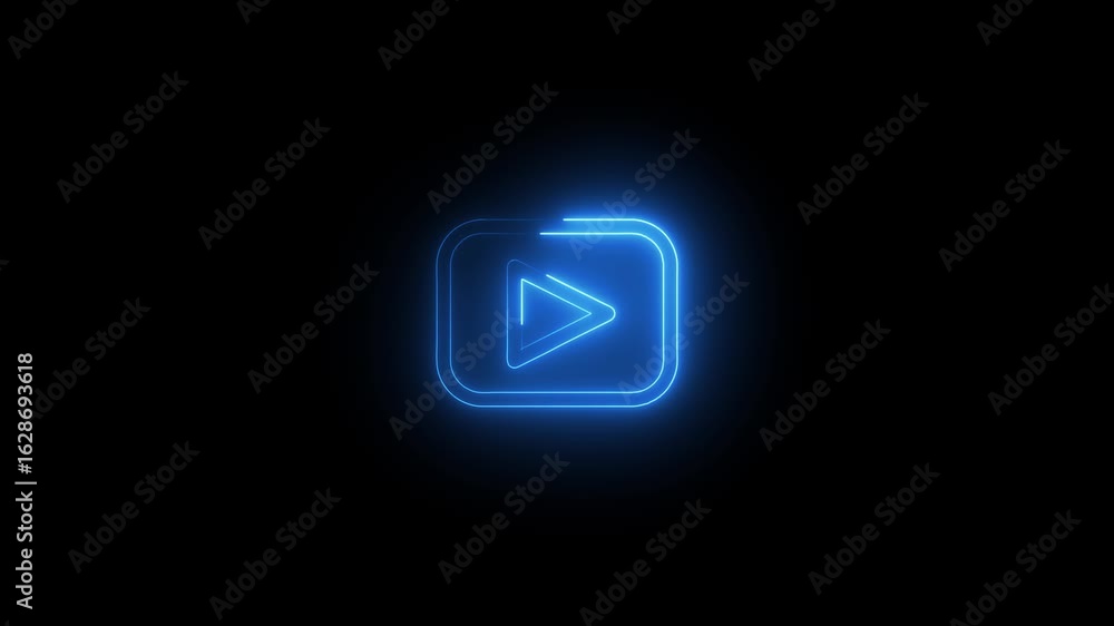 Poster glowing neon music pause or play arrow button sign animation with round rectangle shape isolated on 
