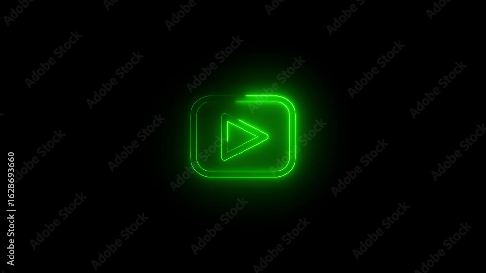 Poster glowing neon music pause or play arrow button sign animation with round rectangle shape isolated on 