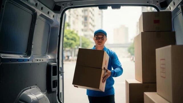 A delivery person in a blue uniform carefully carries a stack of cardboard boxes from a van on a busy urban street with city buildings and trees visible in the background showcasing logistics in actio