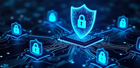 Glowing blue digital shield with padlock symbol on circuit board technology security