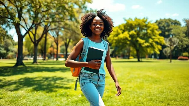 Smiling African American girl student hurrying to study, female student going to college or university after holidays