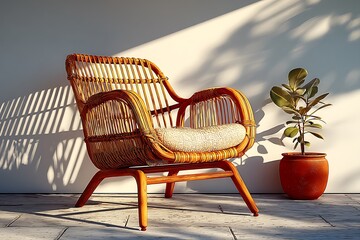 Natural rattan lounge chair with shadows high resolution picture