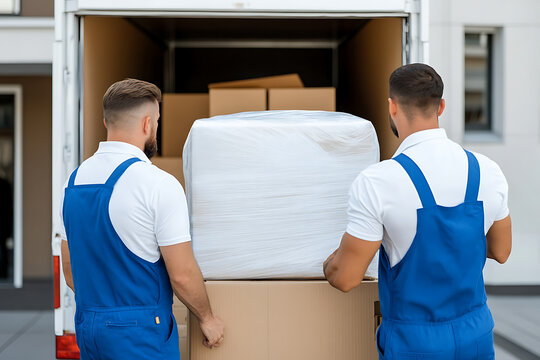 Two movers load a truck with furniture and boxes. They're wearing blue overalls. Furniture is covered in plastic.