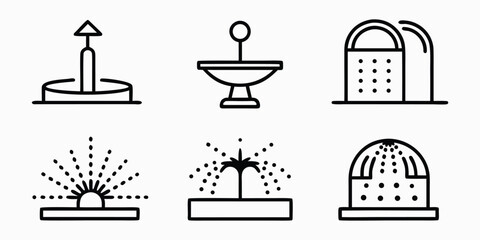 Vector art of set of modern line art icons representing different types of water fountains and sprinklers, isolated on white background.