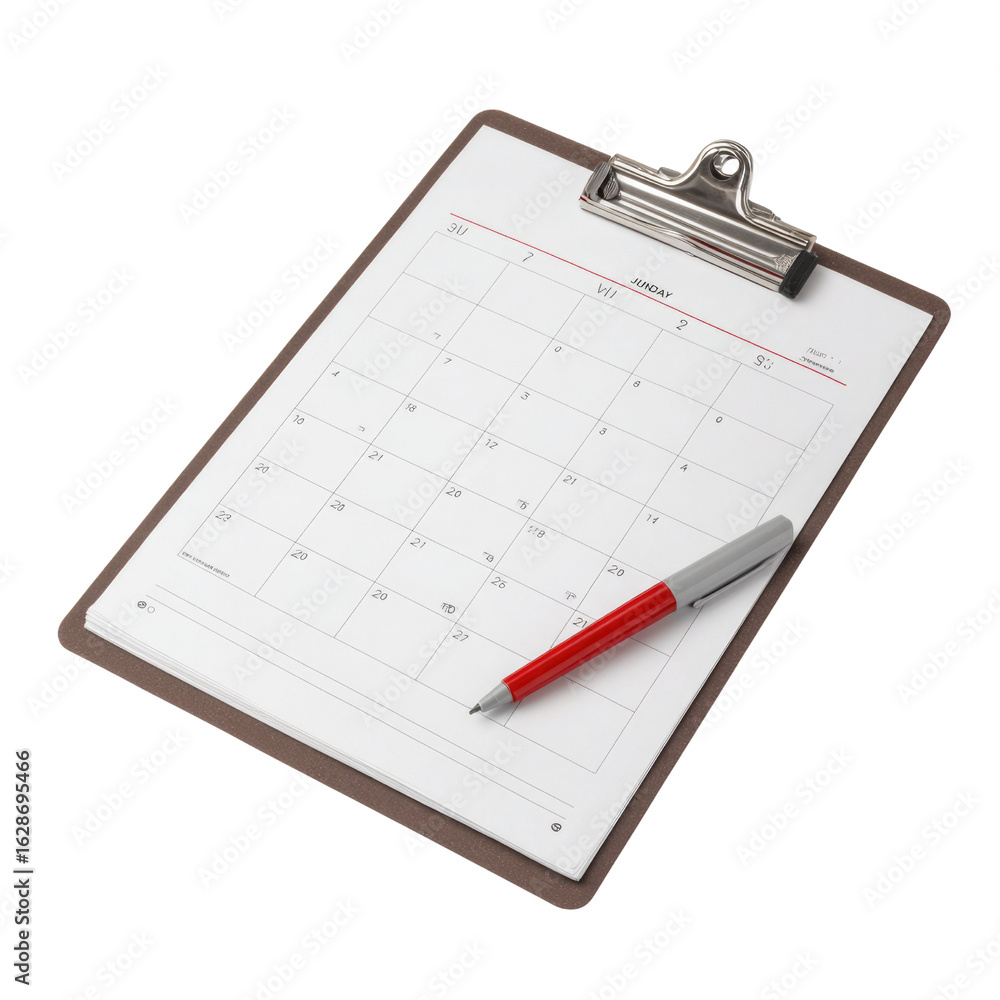 Poster a red pen rests on a monthly calendar on a clipboard, ready for scheduling. background removed